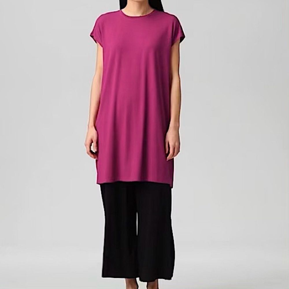 Eileen Fisher Fine Jersey Dress Sz Med Cap Sleeve Knee Length Boxy Berry Knit